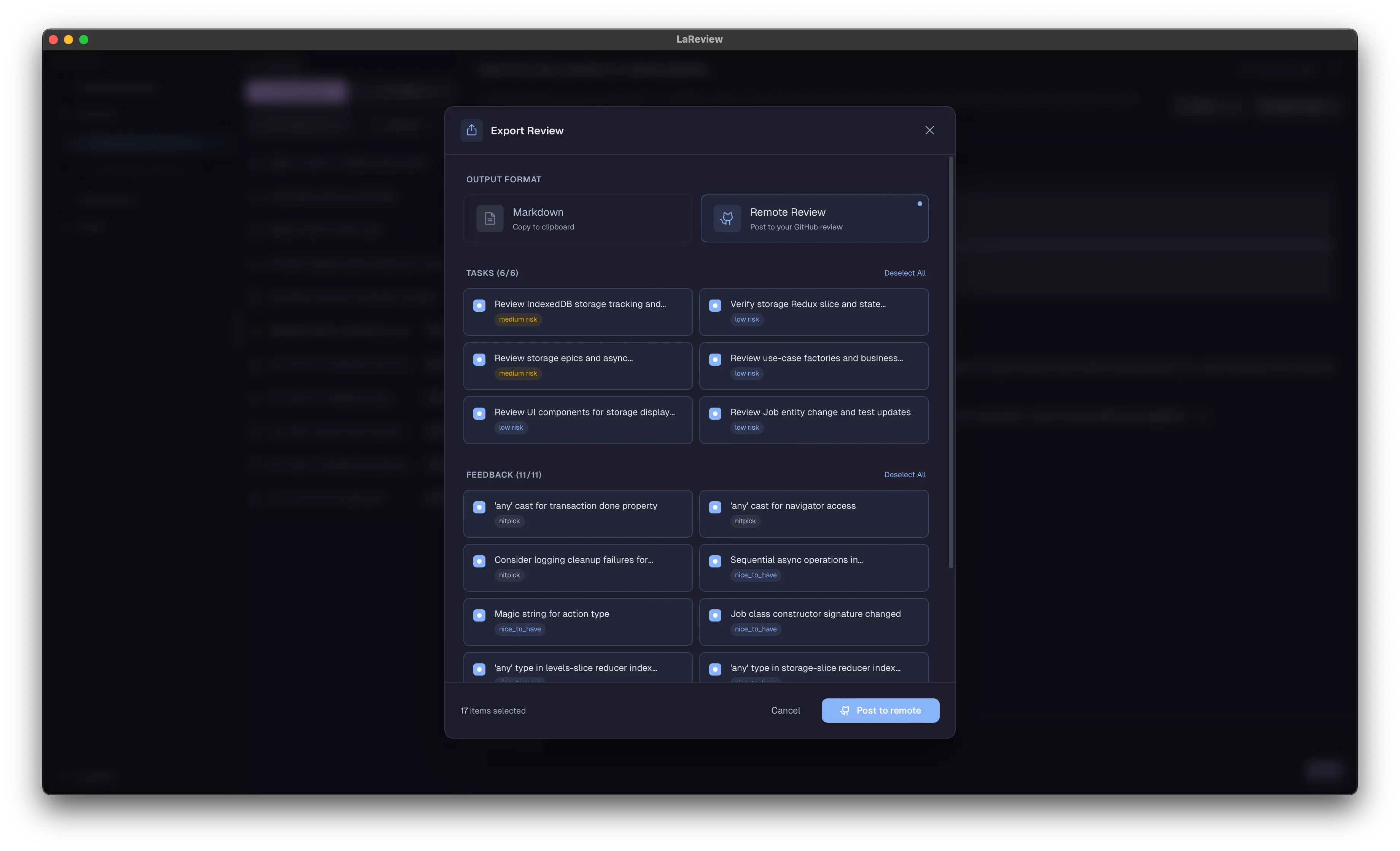 GitHub PR review submission with auto-generated summary and feedback threads