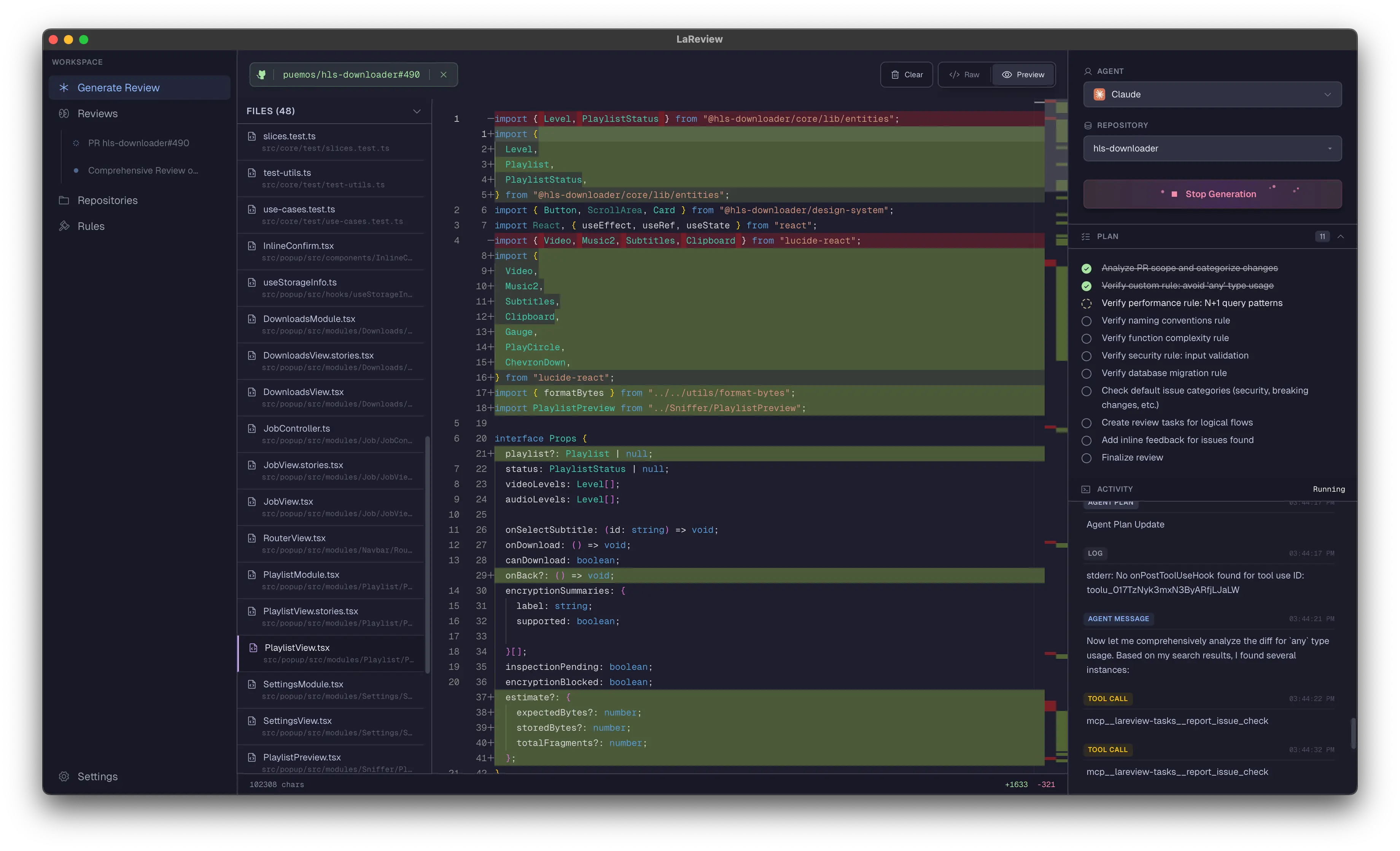 LaReview's AI planning interface showing a generated review checklist