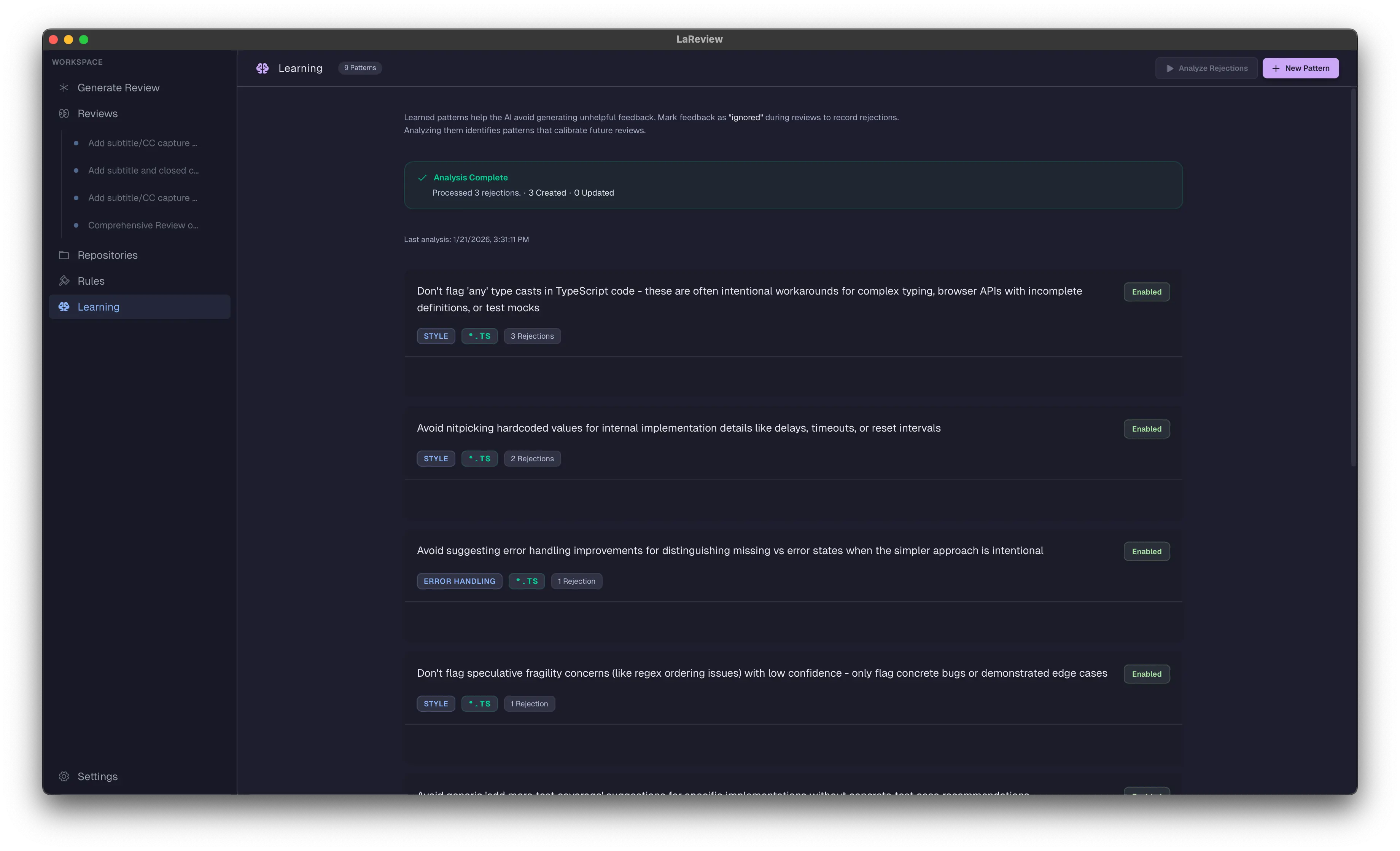 Learning patterns view showing rejection analysis